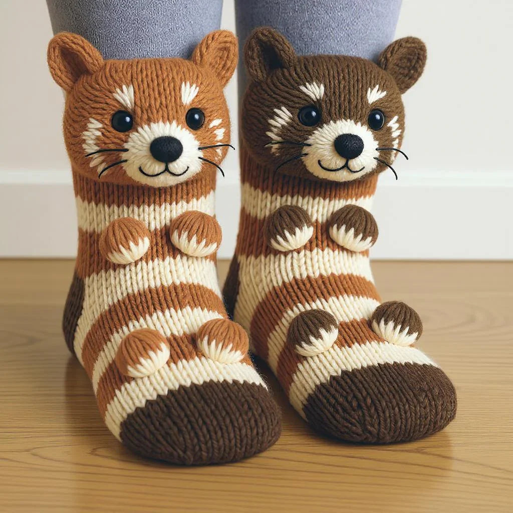 Pair of knitted animal socks with red panda design on a wooden floor.