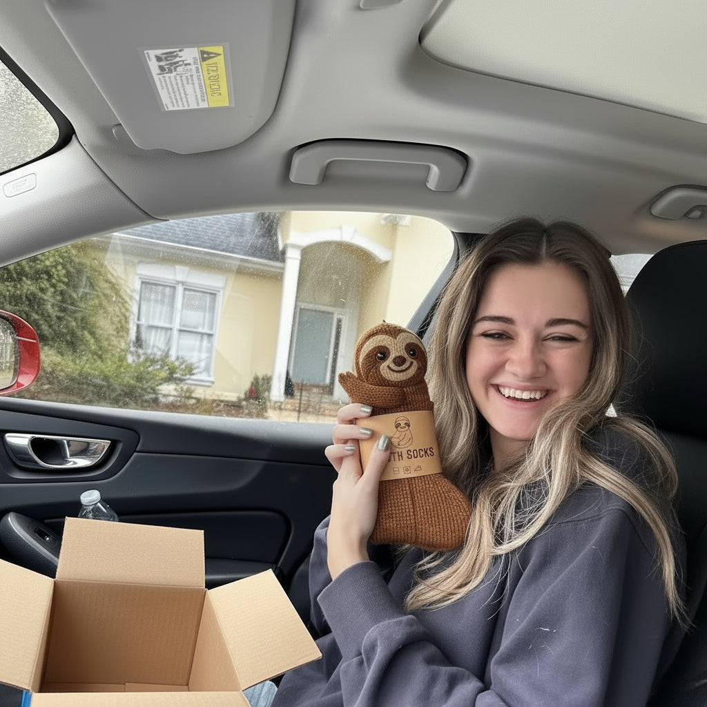 Person sitting in a car holding sloth socks